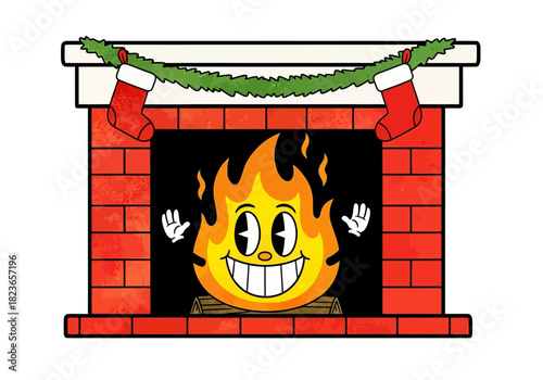 A cartoonish flame with a smiling face waves from a lit fireplace with Christmas stockings and garland on a white background.