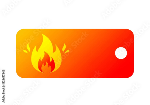 Flat design icon of a flame on a gradient orange and red tag with a hole, against a clean white background.