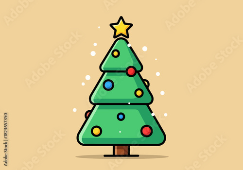 A cartoon Christmas tree decorated with colorful ornaments and a star on top against a plain beige background with a festive feel.