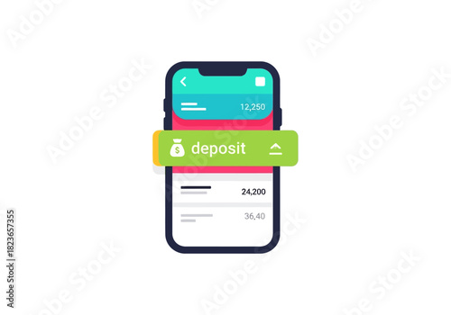 Illustration of a smartphone screen with a green deposit button on a clean white background, showcasing a mobile banking interface with colorful graphics and text.