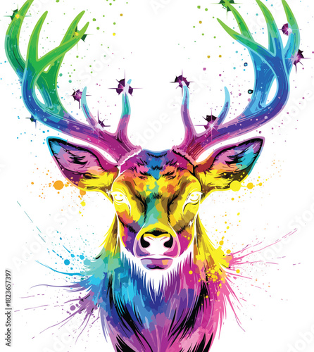 Majestic Stag Deer Head Vector Illustration Created with a Colorful Abstract Watercolor Splash Effect, Representing Nature, Wildlife, Art, Spirit Animal, and Vibrant Energy