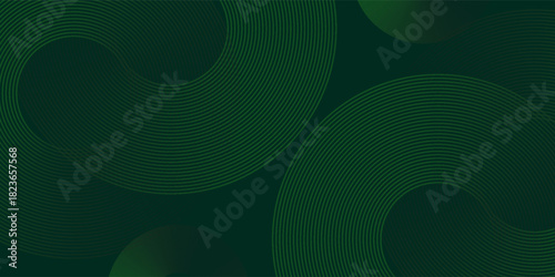 Abstract green glowing geometric lines on dark green background. Shiny circular line pattern. Futuristic tech design perfect for banners, posters, websites, and covers.