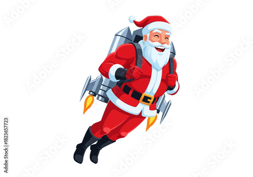 Illustration of Santa Claus wearing a rocket pack and flying through the air with a joyful expression on a plain white background.