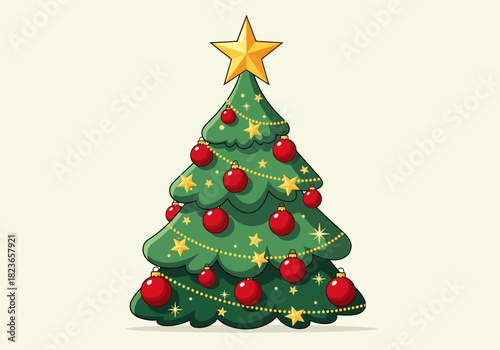 Illustration of a decorated Christmas tree with red ornaments, gold star, and string lights on a plain background.