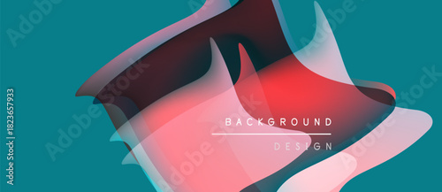 Abstract fluid shapes overlap, creating vibrant color gradients. Teal background complements pinks, reds, purples. Modern design element.