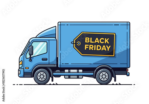 Illustration of a blue delivery truck with a black Friday tag on the side, set against a clean white background.