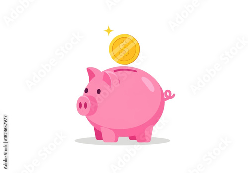 A pink cartoon piggy bank with a coin above it on a white background, conveying a saving and finance concept.