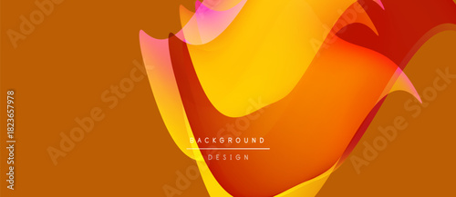 Abstract fluid shapes blend, creating vibrant orange, yellow hues. Modern design features text overlay, simple aesthetic.