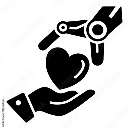 Robotic Compassion and AI Service Glyph Icon. Machine Hand Offering a Heart to a Human Hand - Concept of AI in Caregiving, Empathy, and Building Trust in Technology