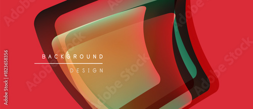 Abstract geometric shapes overlap, creating vibrant color gradients. Red background emphasizes layered design elements. Text reads background design.