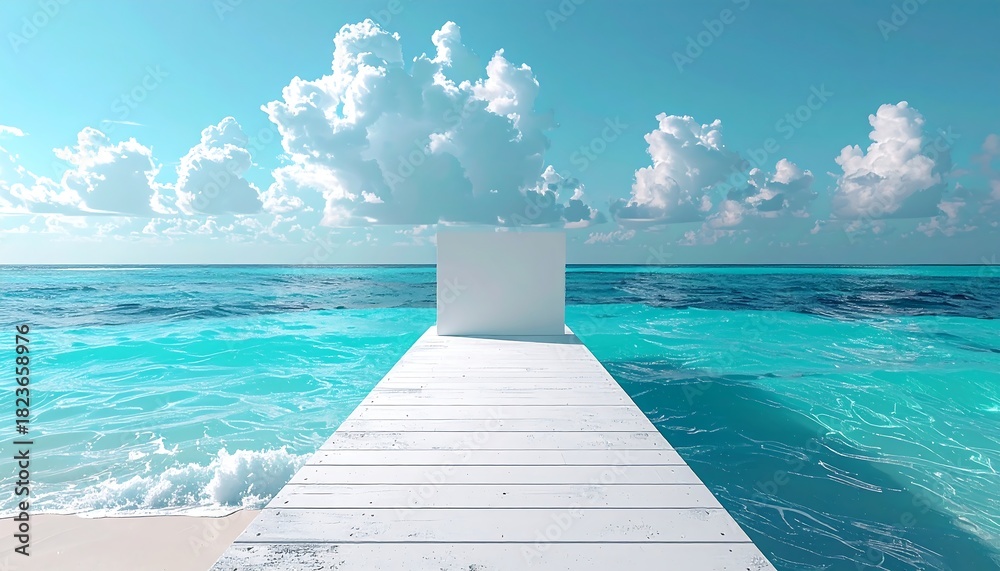 Obraz premium A bright white pier stretches to a box at the horizon, leading into turquoise water under a bright sky