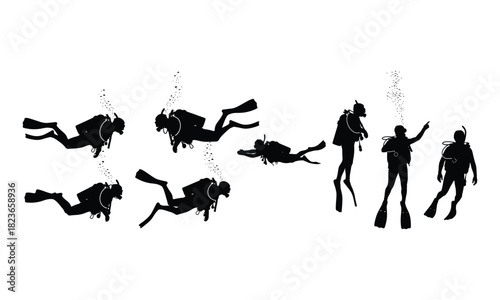 Underwater scuba diver silhouettes showing various swimming actions.