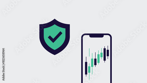 Stock market security illustration a shield with a checkmark and a stock chart on a phone screen vector flat design for finance app