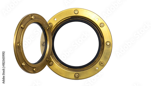 A round, brass ship porthole is open, displaying a black void