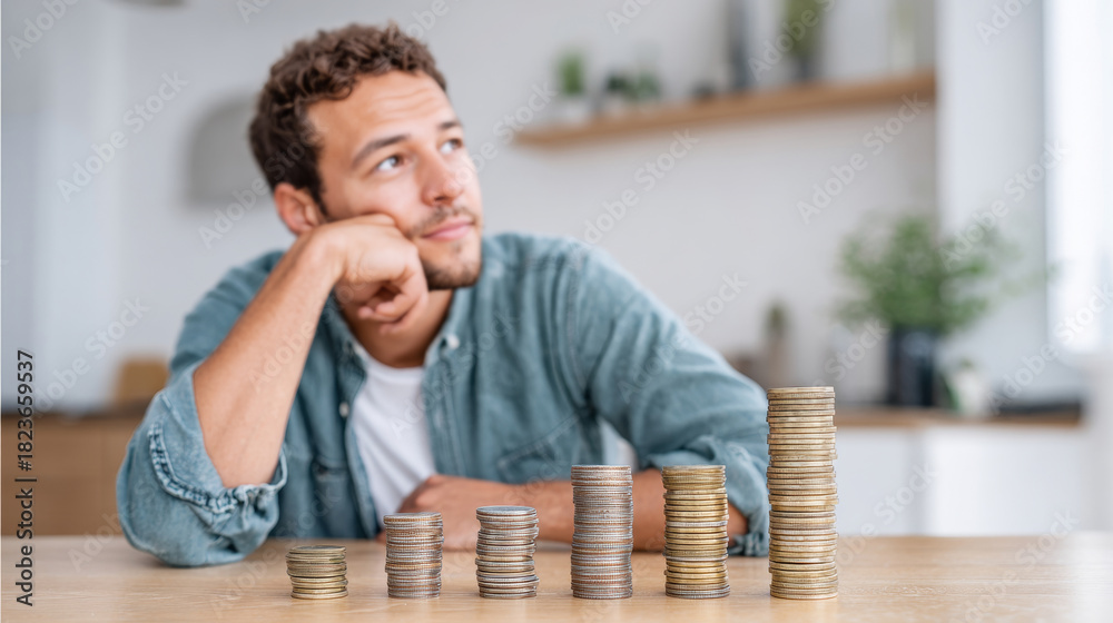 Naklejka premium Young man thoughtfully observing stacks of coins on a bright desk, reflecting on financial growth and planning for future earnings