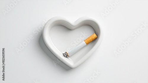 Heart Shaped Ashtray with Cigarette on a Minimalist Background