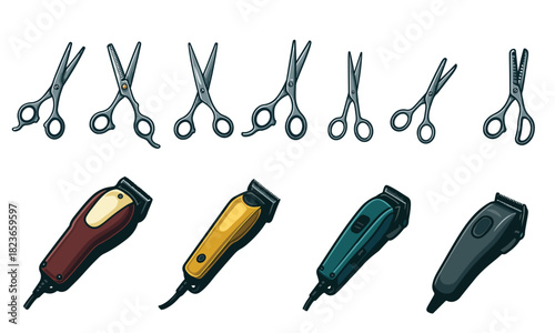 Complete set of professional barber tools icons including hair scissors and electric hair clippers in modern flat and outline style. Vector illustration suitable for barbershop, salon.