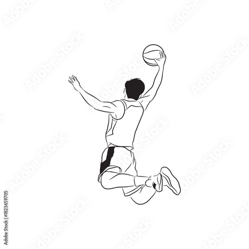 This vector shows a basketball player jumping high while holding the ball above his head, capturing energy, motion, strength, and dynamic action.