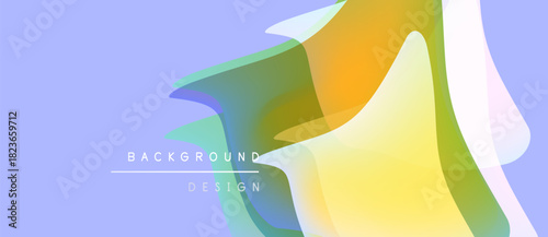 Abstract background features overlapping translucent shapes. Colors blendyellow, orange, green, blueover lavender base. Minimalist design.