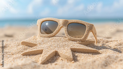 Stylish Sunglasses Resting on Sunlit Sand Design Etched Beauty