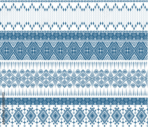 Traditional Thai-inspired geometric textile pattern featuring multiple decorative border stripes, intricate diamond motifs, and detailed ethnic linework in a refined blue and white color palette.