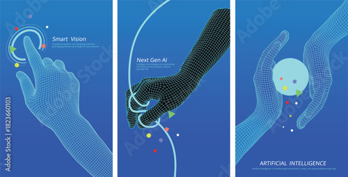 Futuristic AI technology banners set. 3D wireframe hands interacting with digital interfaces, spheres, and glowing lines on blue background. Concepts of Smart Vision, Next Gen AI, and Virtual Reality