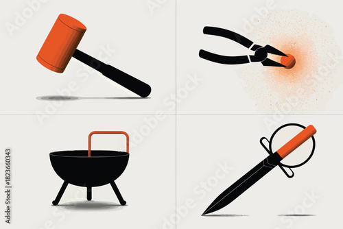 Set of blacksmith tools icons including hammer pliers fire pit and sword simple flat vector design elements isolated on white background