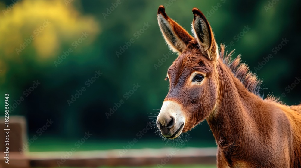 Fototapeta premium Adorable Brown Donkey Portrait in a Green Pasture