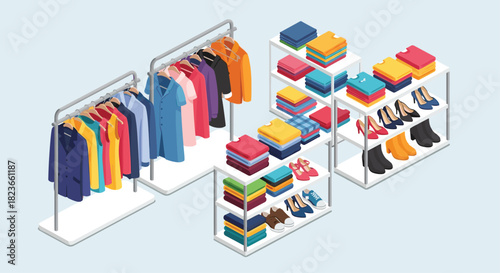 Stylish wardrobe interior design featuring clothing racks with fashionable apparel and shoes, ideal for showcasing retail fashion concepts
