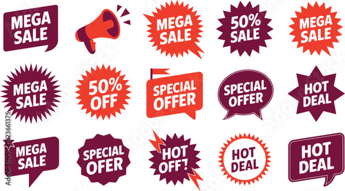 Collection of fifteen isometric sale badges and banners featuring words like mega sale fifty percent off special offer and hot deal in various colors and shapes