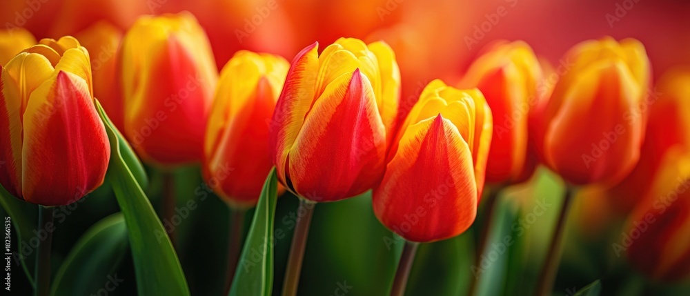 Fototapeta premium Vibrant Red and Yellow Tulips in a Spring Garden