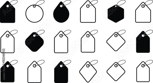 Collection of hand drawn price tags and labels in various shapes black and white outlines perfect for retail sales and product identification concepts