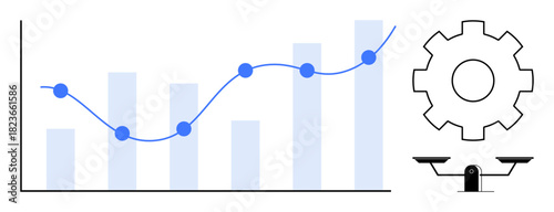 Line and bar chart, gear, and balance scale visualizing data analysis, progress, productivity, equilibrium. Ideal for data management, strategy, decision-making innovation efficiency optimization