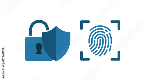 Security icons featuring a padlock shield and fingerprint flat vector illustration for data protection and biometric identification isolated on white b
