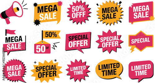 Collection of colorful mega sale and special offer stickers and badges with megaphone promoting limited time deals for marketing and advertising campaigns