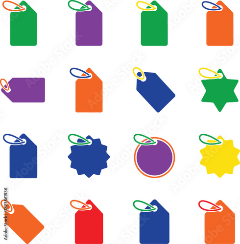 Colorful assortment of price tags and labels with different shapes and designs perfect for retail sales and marketing promotions on a clean white background