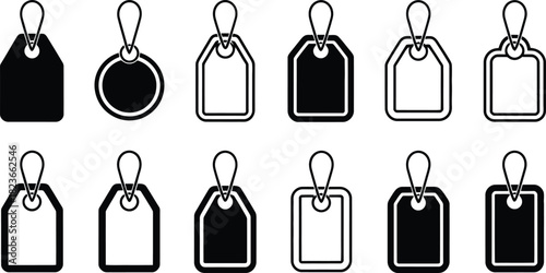 Collection of black and white price tags and labels in various shapes and designs perfect for retail sales and product identification in a minimalist style
