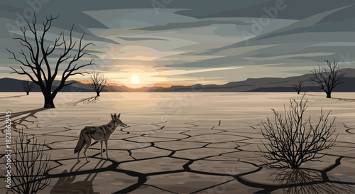 Stunning desolate landscape with coyote under a dramatic sky, perfect for conveying environmental concerns or a sense of isolation and resilience