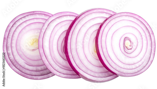 Four cross-sections of purple onion, close-up view, displaying concentric rings, isolated