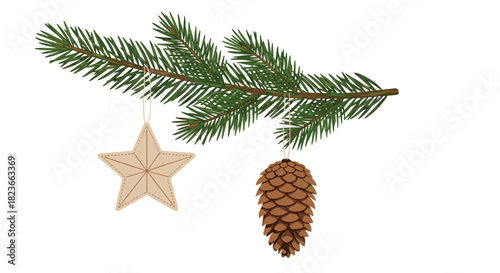 Festive evergreen branch with star and pinecone ornaments for charming holiday designs and cozy winter projects this Christmas season