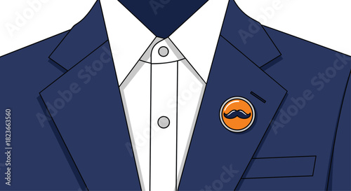 Sophisticated navy suit with a playful mustache pin, perfect for injecting personality into professional presentations and creative projects