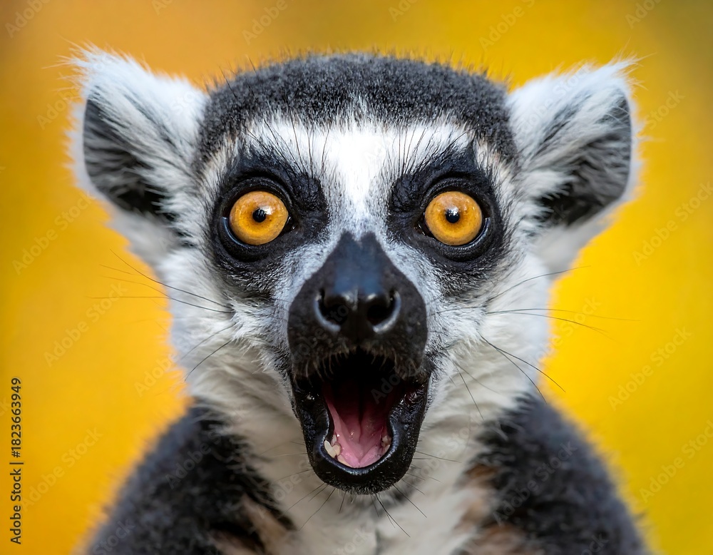 Naklejka premium Close-up of a surprised primate's face with wide eyes and open mouth