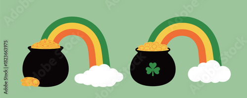Set of St.Patrick's Day cauldron and Rainbow flat vector illustration.
Black Money pot full of coins and rainbow clipart design.