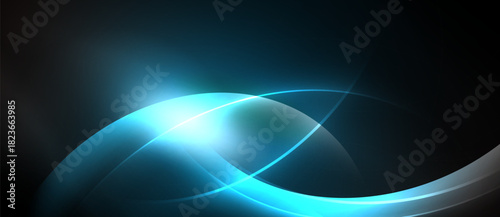 Abstract blue light curves radiate energy. Smooth shapes suggest motion, depth, futuristic design. Dark background enhances glow.