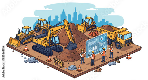 Construction workers planning site development with heavy equipment and data display in modern urban setting, envisioning progress and efficiency