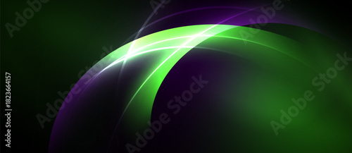 Abstract design features curved lines, vibrant green, purple hues. Bright light streaks create dynamic visual impact. Dark background emphasizes forms.