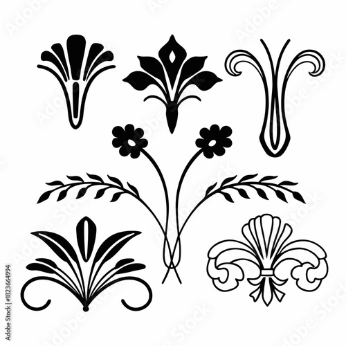 Elegant Ornament Collection: An exquisite assortment of black, swirling, stylized ornament designs, capturing the essence of refined grace and artistic charm.	