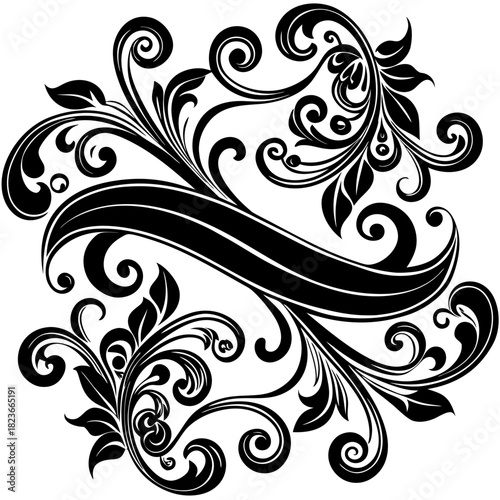 Elegant Ornament Collection: An exquisite assortment of black, swirling, stylized ornament designs, capturing the essence of refined grace and artistic charm.	