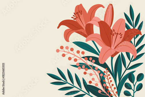 Floral illustration with lilies berries and leaves decorative vector design for backgrounds cards and invitations isolated on beige