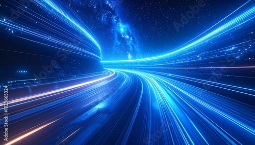 Abstract futuristic tunnel vision effect using blue and white light streaks with a nebula-like background